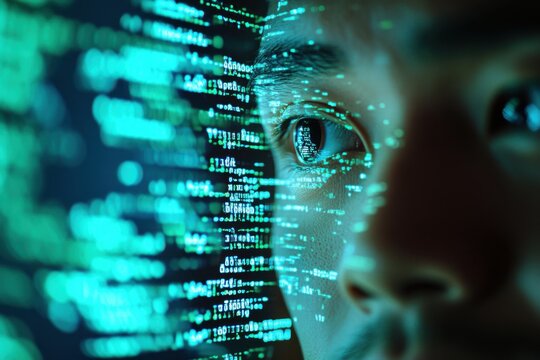 Close-up of an AI developer coding, intricate lines of Python code displayed on the monitor with AI tools in the foreground