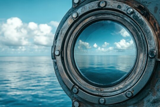 Close-up of a periscope lens, intricate reflections of the ocean and sky visible on its surface