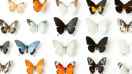 Fototapeta premium Various butterflies on white background, top view. Natural backdrop, cover, wallpaper.
