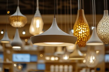Close-up of a stylish pendant light in a modern lighting store, surrounded by an array of complementary fixtures