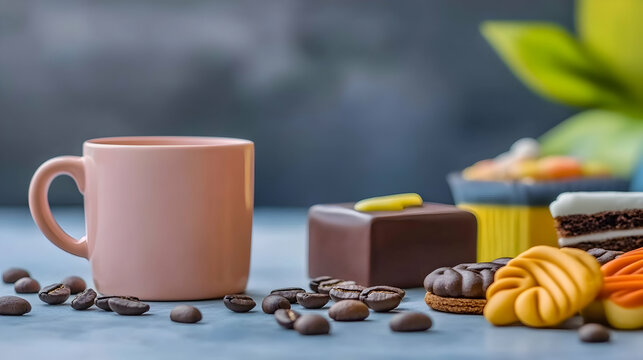 Coffee break with assorted pastries and coffee beans.  Perfect for advertising coffee shops or bakeries.