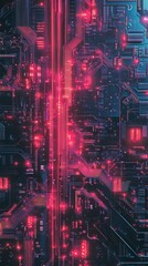 Fototapeta premium A high-tech abstract image featuring a futuristic circuit board with glowing red lights and intricate digital patterns.
