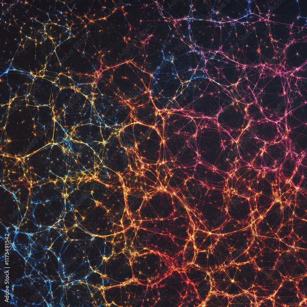 Poster abstract digital background featuring interconnected data nodes and web patterns in vibrant colors
