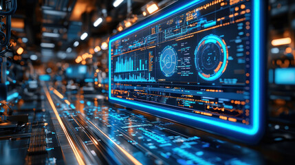 Obraz premium Factory control panel displaying data visualizations in automated production line