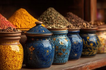 Colorful Spices in Ornate Ceramic Jars Displayed