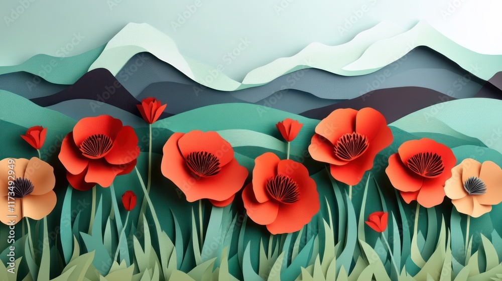 Poster Poppy Fields in 3D paper art paper cut background 