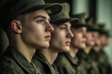 Fototapeta premium Drafted military personnel receiving instructions, intense focus on the faces of young conscripts in a lineup