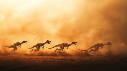 Fototapeta premium Dinosaurs running through a dusty landscape, evoking a prehistoric scene.