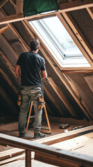 A contractor installing a new skylight in an attic conversion.
