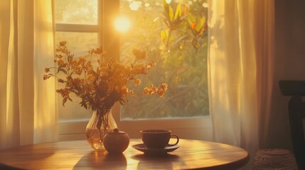 Fototapeta premium Enjoy the beautiful morning light streaming through the window, illuminating a cozy setting with fresh flowers, a cup of tea, and an apple on the table.