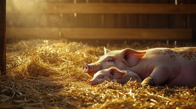 Piglets napping in barn, golden sunlight.  Farm animal scene, peaceful rural life.