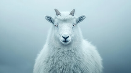 Obraz premium White Goat Shivering in a Cold Mountain Landscape