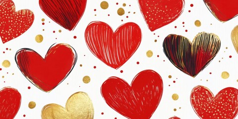 Heart design card with bold red hearts, golden accents, and a romantic quote in classic font