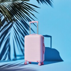 Pink Suitcase on Blue Background with Tropical Leaves
