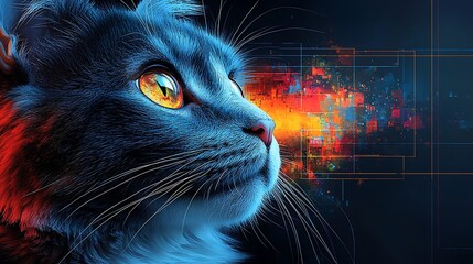 Close-up profile of a blue cat with vibrant, colorful digital effects behind it.