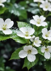 Obraz premium Macro shot of delicate white petals with water droplets floating near green leaves, foliage, botanical art