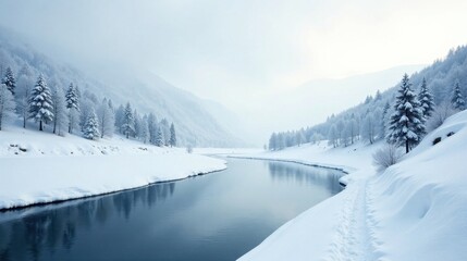 Obraz premium Serene Winter Wonderland Snow-Covered Trees Line a Frozen River Valley