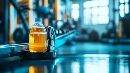 A rowing ergometer in a gym with a cold recovery drink on its edge