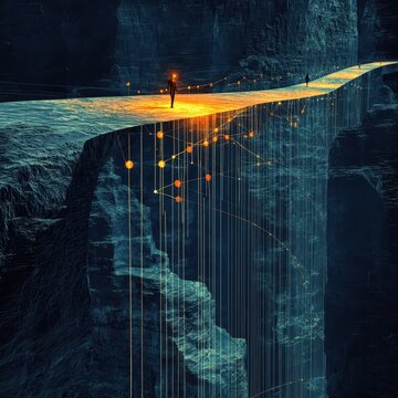 The concept of financial risk visualized as a bridge of glowing graphs stretching over a dark abyss, Surreal, Symbolic, High contrast.