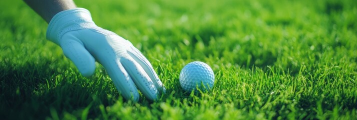 Close up of a golfer's hand in a white glove carefully placing a golf ball on the perfectly manicured green grass of a golf course, preparing for the next shot in the game