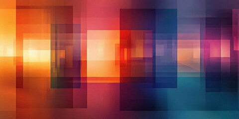 Abstract geometric composition, vibrant color blocks, warm and cool tones, gradient effects, overlapping squares, retro futuristic aesthetic, digital art, minimalist design, bold contrasts, saturated 