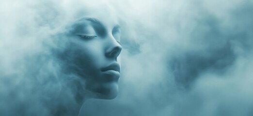 Serene woman surrounded by ethereal mist, capturing tranquility and introspection in a dreamlike atmosphere, copy space for text