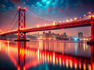 Fototapeta premium Red Suspension Bridge Bokeh River Landscape - Stunning Night View