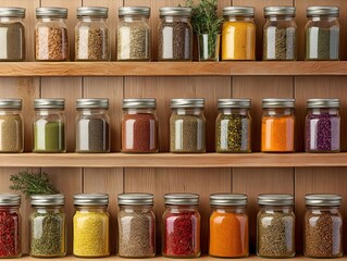 spice jars on wooden shelves: colorful arrangement