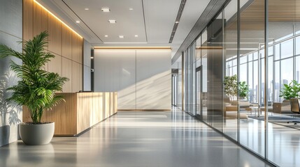 Fototapeta premium Modern Office Lobby Design: Sunlit Reception Area with City View