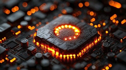 Glowing CPU on circuit board with active background lights.
