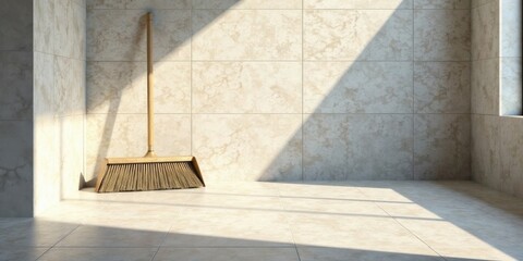 A broom rests in a sunlit room with beige tile floors and walls