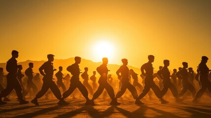 Fototapeta premium Military boot camp scene showing conscripts performing synchronized exercises under a blazing sun