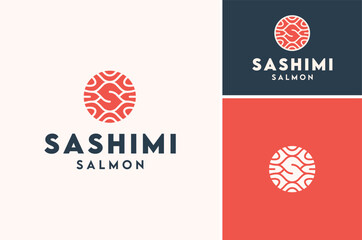Circular Initial Letter S with Salmon Raw Meat texture for Sashimi Sushi Fish Dish or Seafood Restaurant logo design
