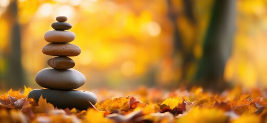 Obraz premium Balanced stone tower amidst vibrant autumn leaves, showcasing tranquility and nature's beauty, copy space for text