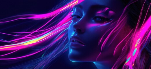 Neon-lit portrait of a woman with flowing hair illuminated by vibrant colors, showcasing a futuristic aesthetic and captivating beauty, copy space for text