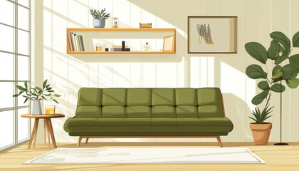 Sunny living room sofa, plants, shelf, window, design