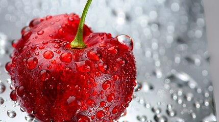 A red cherry, adorned with water droplets, is shown in close-up with a blurry background, bringing attention to its rich color and textured surface.

