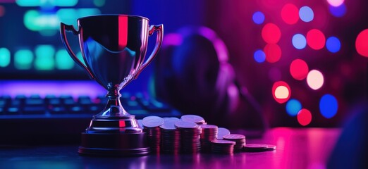 Gaming trophy symbolizing victory, surrounded by coins and gaming setup, vibrant neon lights in background, copy space for text