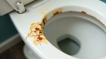 Close-up view of rusty stains and cracks on a white toilet seat