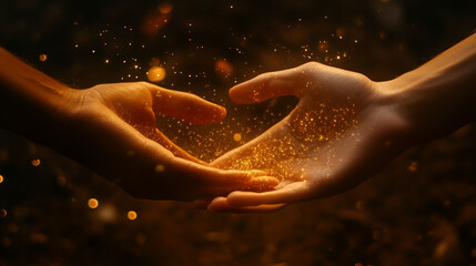 Fototapeta premium **Two hands gently cupped together, illuminated by a soft, warm light, with glowing magical particles and golden sparkles floating above the palms, set against a dim, neutral background, creating a my