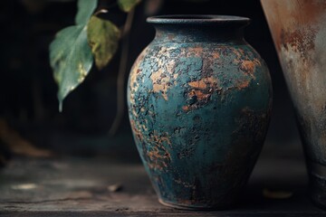 Weathered Teal Pottery Vase Sits Amongst Greenery