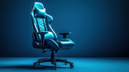 Gaming chair in blue studio, empty, ready for action.