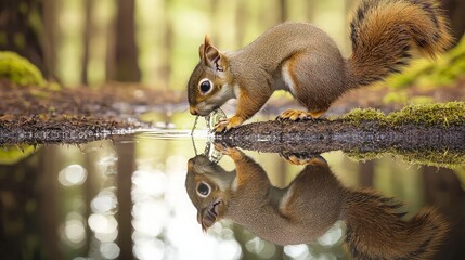 Fototapeta premium Red squirrel drinking water in forest puddle.