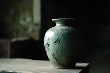 Antique Green Vase with Distinctive Markings Rests on Surface