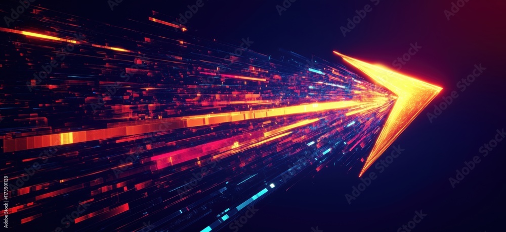 Poster dynamic arrow symbolizing speed and direction with vibrant digital particles and glowing effects, co