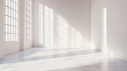 Fototapeta premium A large room with a white wall and a window. The window is open and the sun is shining through it