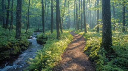 Sunlit forest path by stream, misty morning