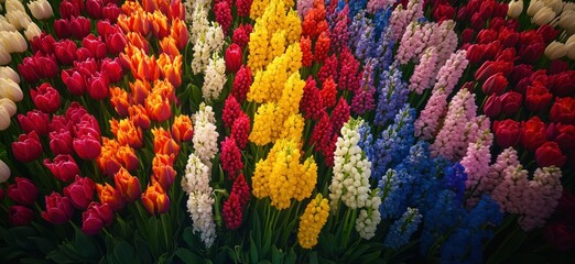 Vibrant Flower Garden Display Featuring Colorful Tulips and Hyacinths in Various Shades, copy space for text