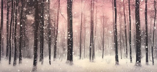 Fototapeta premium Snowy forest landscape with tall trees and falling snowflakes, serene winter atmosphere, soft pink sky, tranquil nature scene, copy space for text