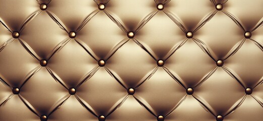 Luxurious golden tufted leather upholstery with decorative buttons and intricate stitching, copy space for text